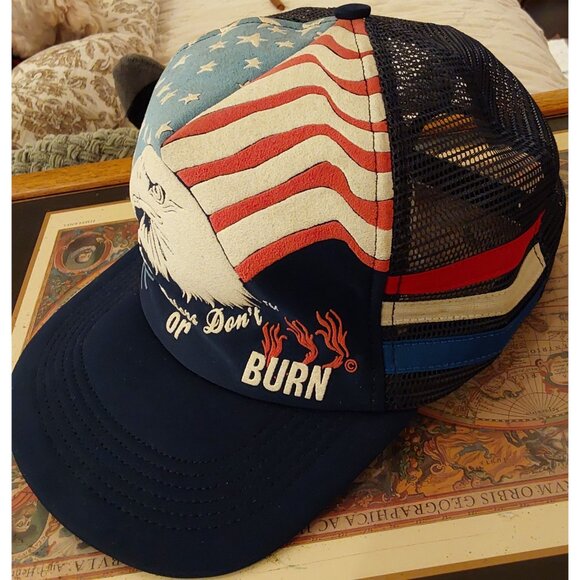 Vintage Patriotic Eagle Trucker Hat "Run Or Burn" Design Snapback, Red,White, Bl - Picture 2 of 5